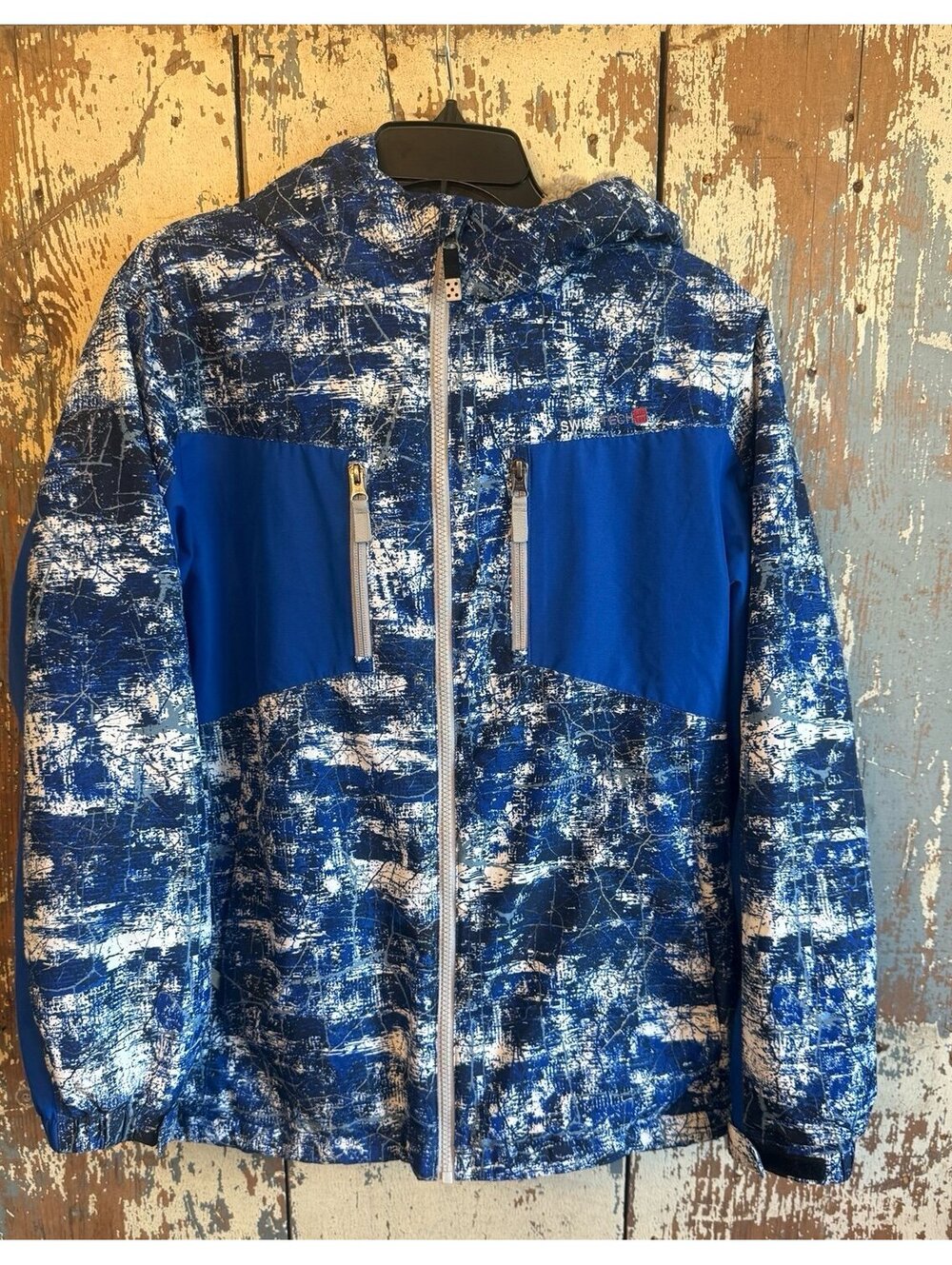 Swiss+Tech boys hooded jacket, blue white double full zip winter ski XL 14-16